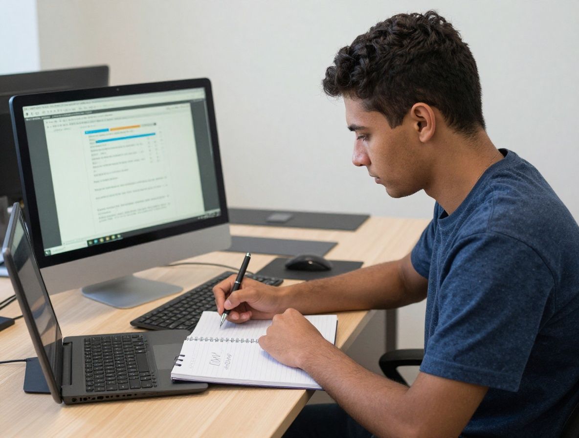 Студент-журналист анализирует данные на экране, работая за ноутбуком в учебной редакции с белыми стенами и хорошим освещением