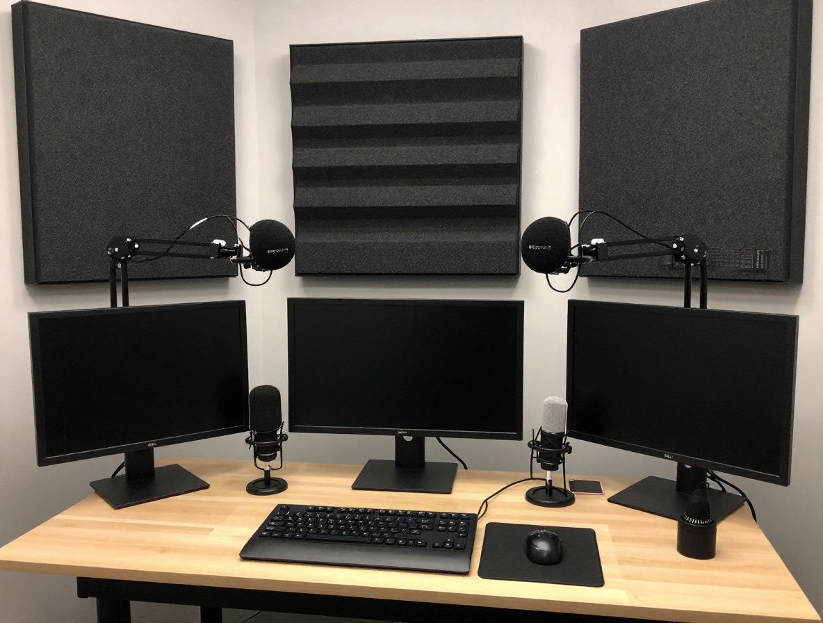 Подкаст-студия с профессиональными микрофонами, акустическими панелями и звукозаписывающим оборудованием — современная мультимедийная журналистика