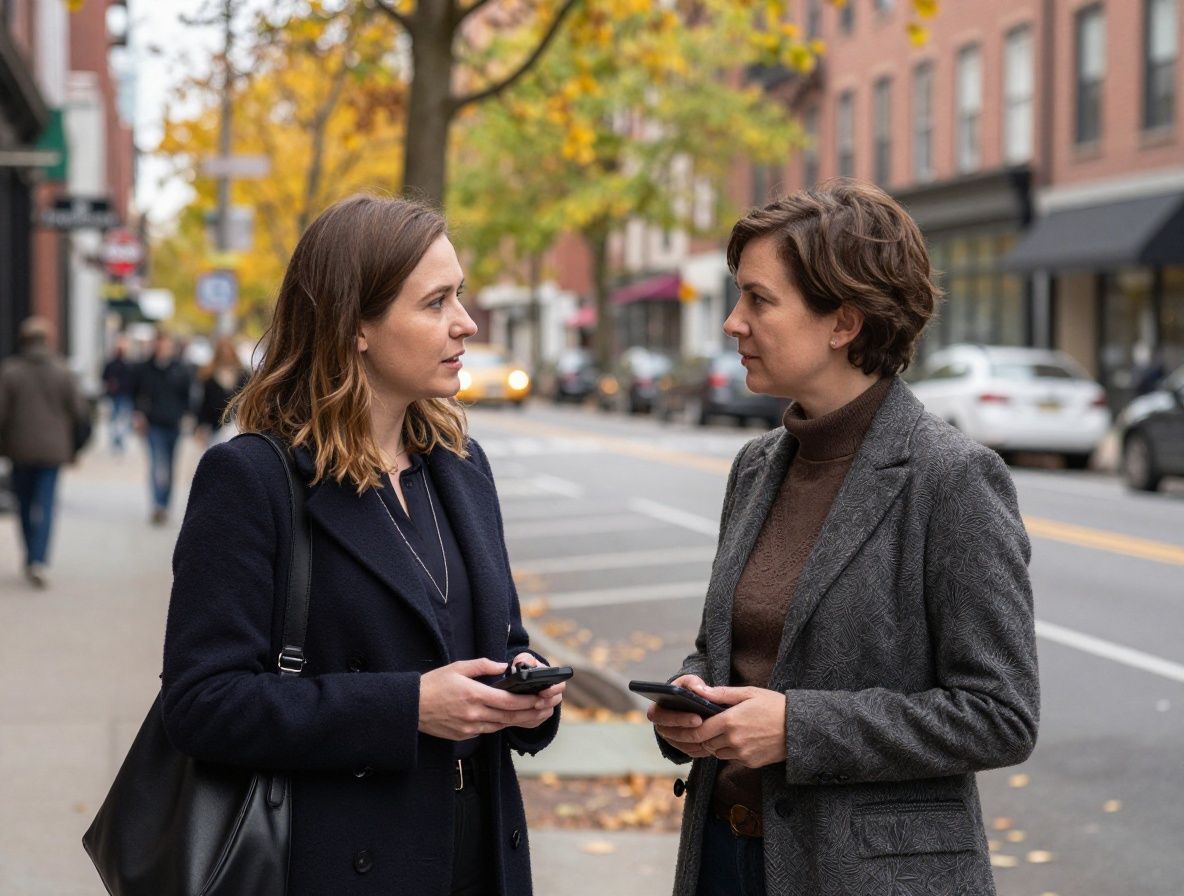 Журналист-репортёр на улице берёт комментарий у прохожего — городской фон, диктофон, репортажная атмосфера