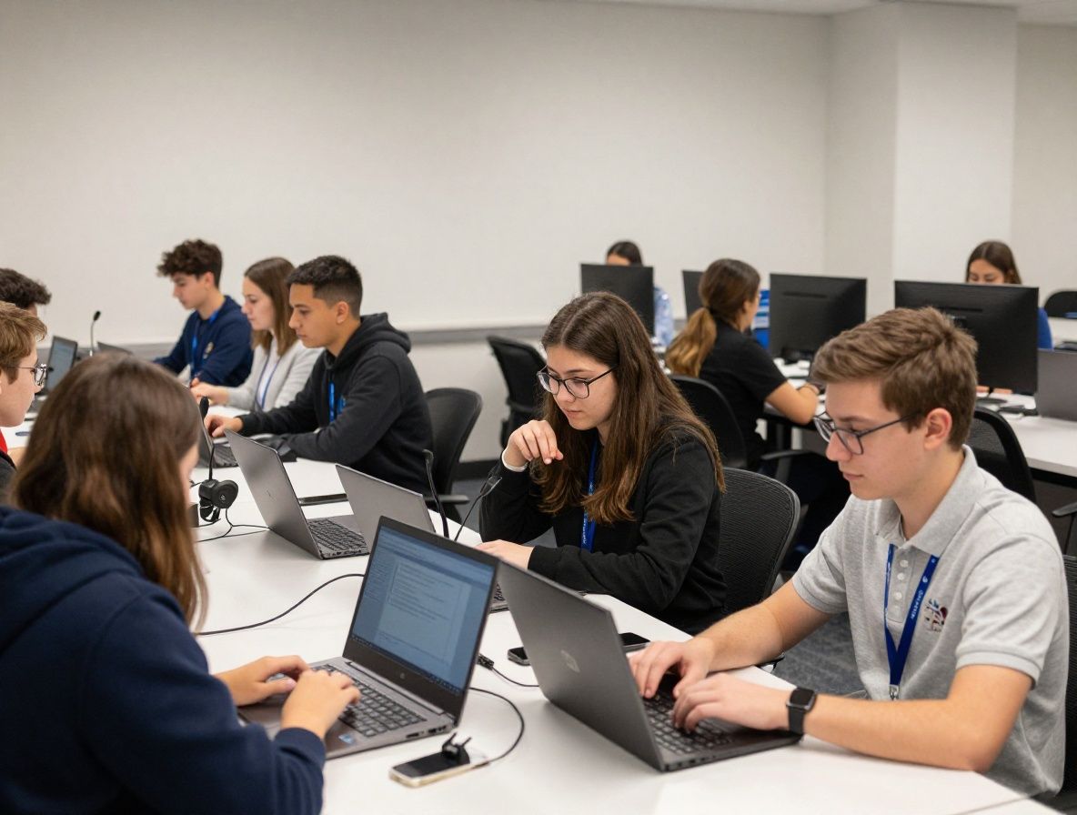 Студенты школы журналистики Redacta работают в современно оборудованном учебном редакционном зале в Бостоне — ноутбуки, диктофоны, редакционные столы