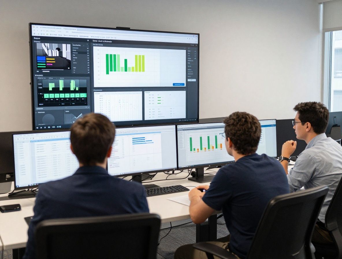 Современная цифровая редакция — аналитические дашборды на мониторах, команда журналистов обсуждает трафик и охваты в светлом open-space