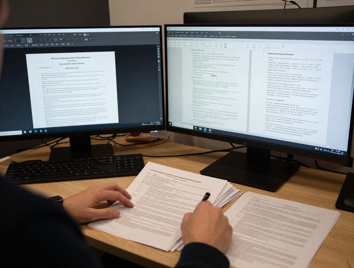 Журналист-расследователь работает с документами и несколькими экранами в тёмном офисе — стопки бумаг, распечатки, схемы на стене