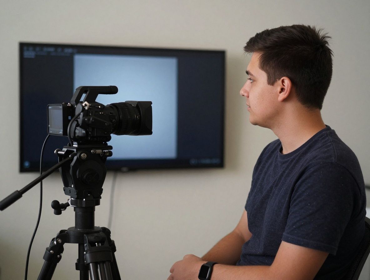 Студент мультимедийной журналистики в профессиональной видеостудии с камерой на штативе, мониторами и осветительным оборудованием