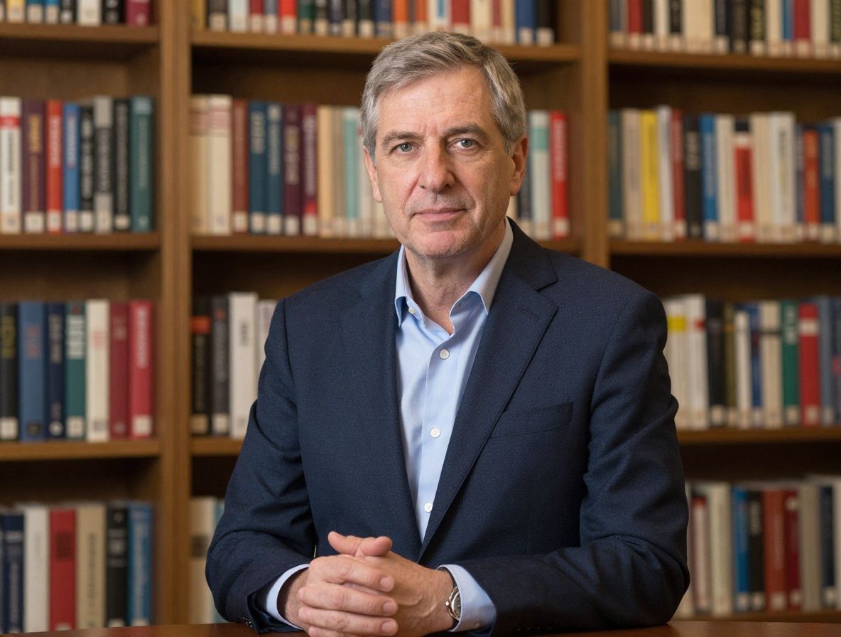 Майкл Хартли — основатель и президент школы Redacta, мужчина 55 лет в тёмно-синем костюме, портрет на фоне книжных полок в кабинете