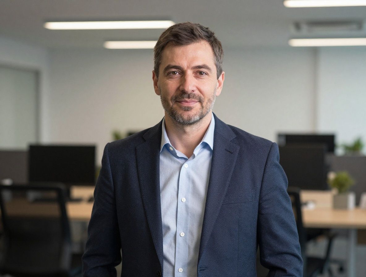 Джонатан Кросс — со-основатель Redacta и директор цифровых программ, мужчина 50 лет в современном офисе с панорамным окном